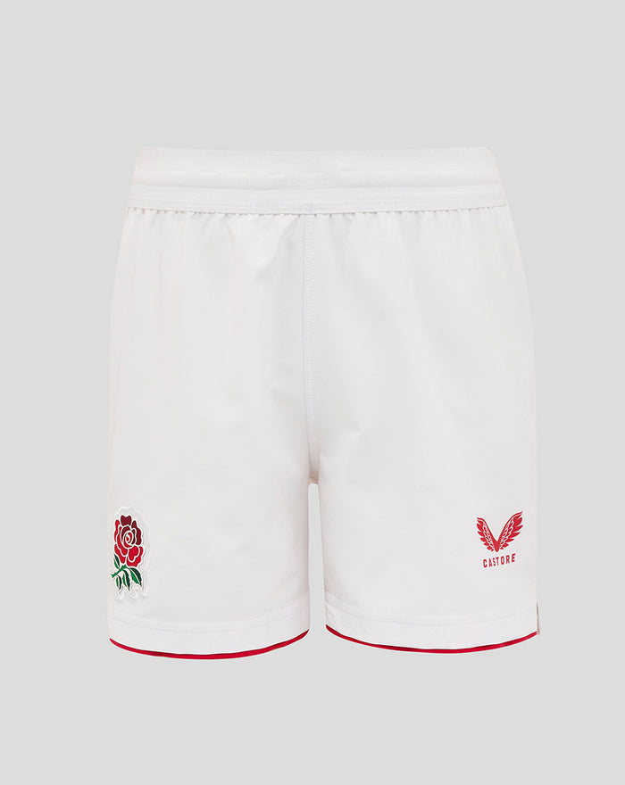 Front view of white junior England rugby home shorts with red trim on leg hems and rose crest on left thigh and Castore crest on right thigh