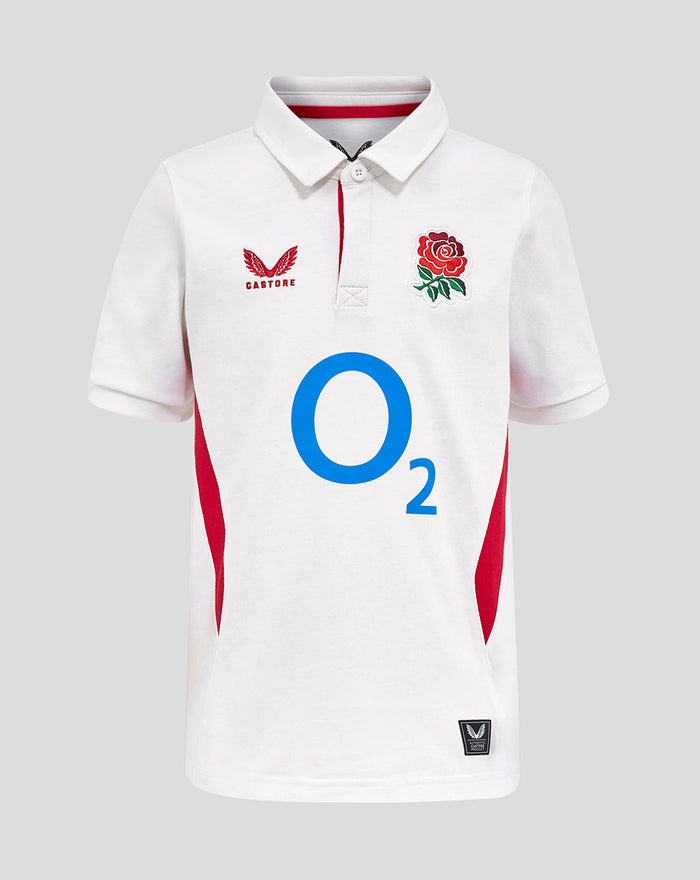 Front view of white Junior England Rugby 25/26 Home Classic Short Sleeve Shirt with rose crest and O2 logo.