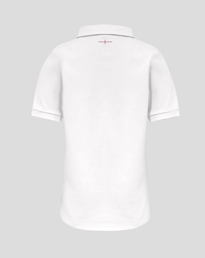 Back view of white Junior England Rugby 25/26 Home Classic Short Sleeve Shirt with small red neck stitch.