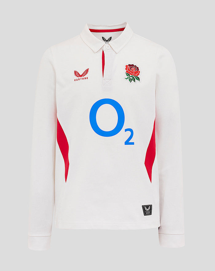 White junior rugby long sleeve shirt with rose crest on chest, centered O2 logo, Castore branding on the right chest, and a pointed collar with button closure.