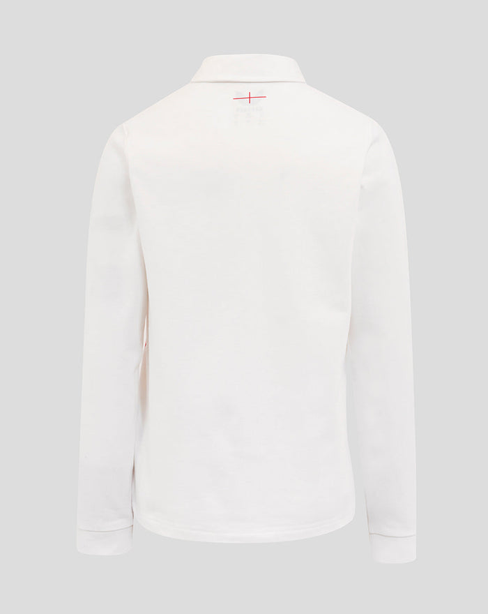 Back view of the white junior rugby long sleeve shirt showing a plain back with small red cross stitch at the neckline.