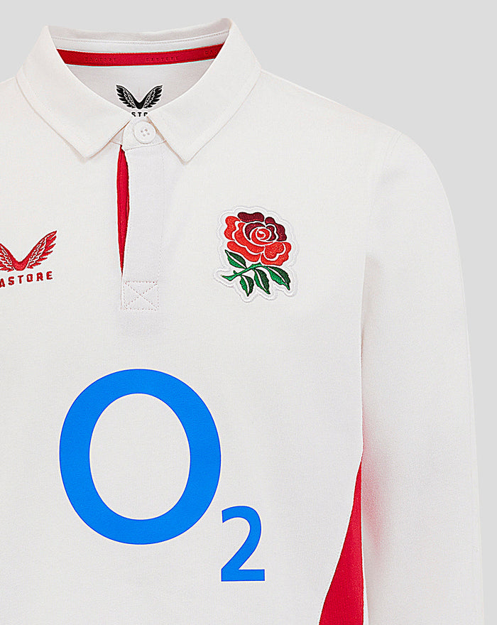 White junior England rugby home shirt with red side panels, rose crest on chest and large O2 sponsor on front.