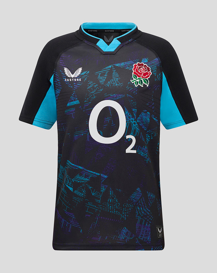 Front view of England Rugby 25/26 junior alternate shirt in black with turquoise sleeves and large O2 logo.