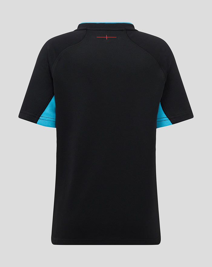 Back view of the black England Rugby junior alternate shirt with turquoise trim and teal side panels