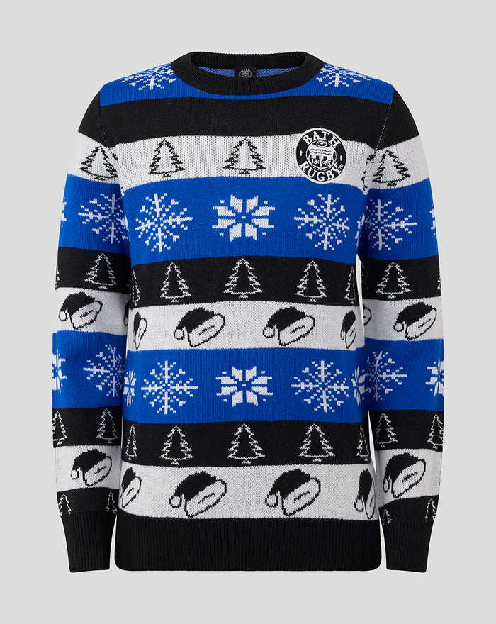 Junior Christmas jumper in black blue and white with snowflakes trees and Bath Rugby crest on the chest