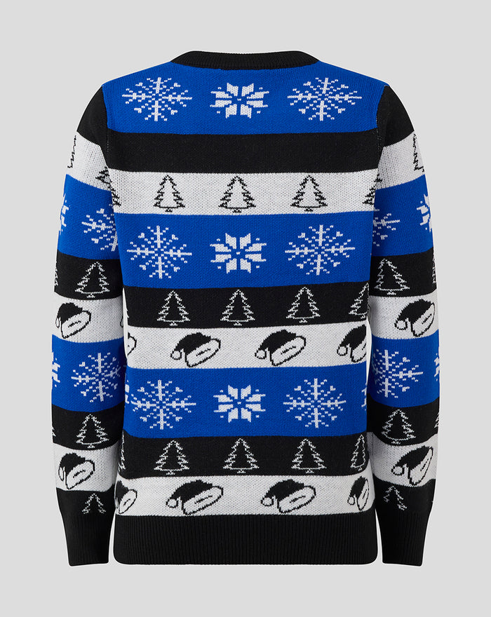 Junior Christmas jumper in blue black and white with snowflakes and trees pattern.