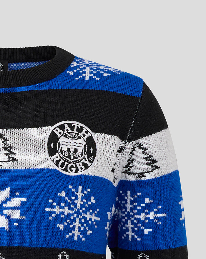 Close-up of shoulder and chest with Bath Rugby crest on the jumper along with blue stripe and snowflake patterns