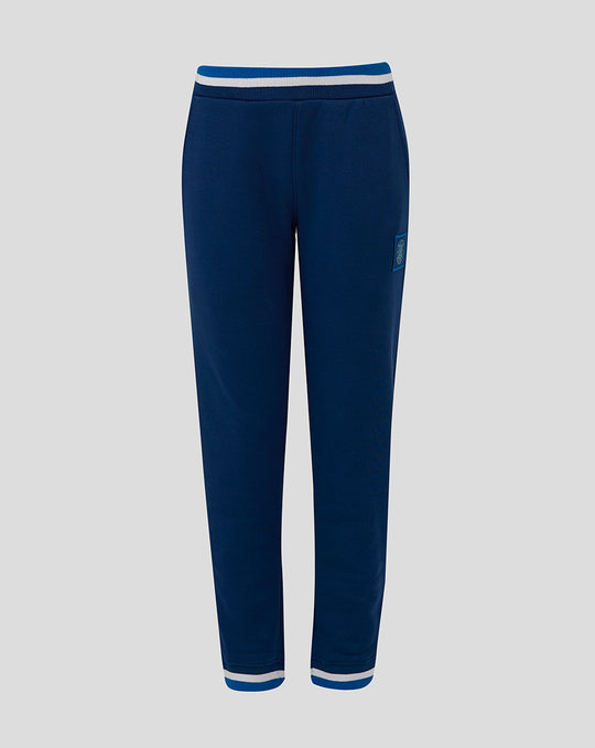 Front view of navy Junior 24/25 Classic Jogger with striped waistband and left thigh patch logo