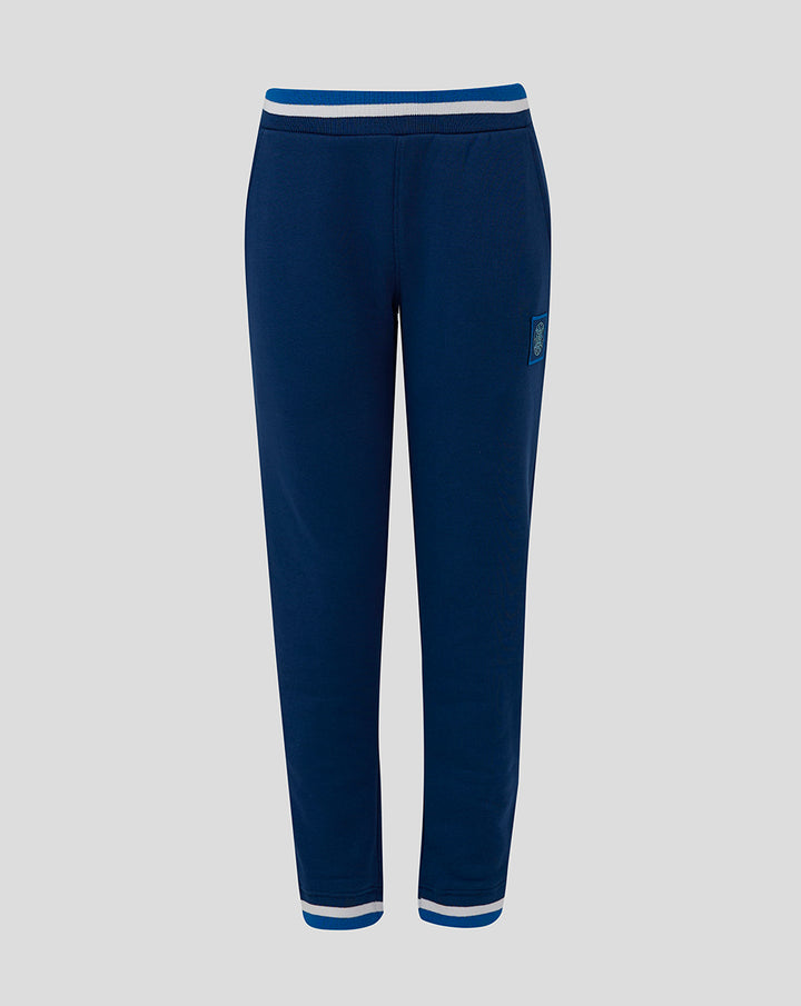 Front view of navy Junior 24/25 Classic Jogger with striped waistband and left thigh patch logo
