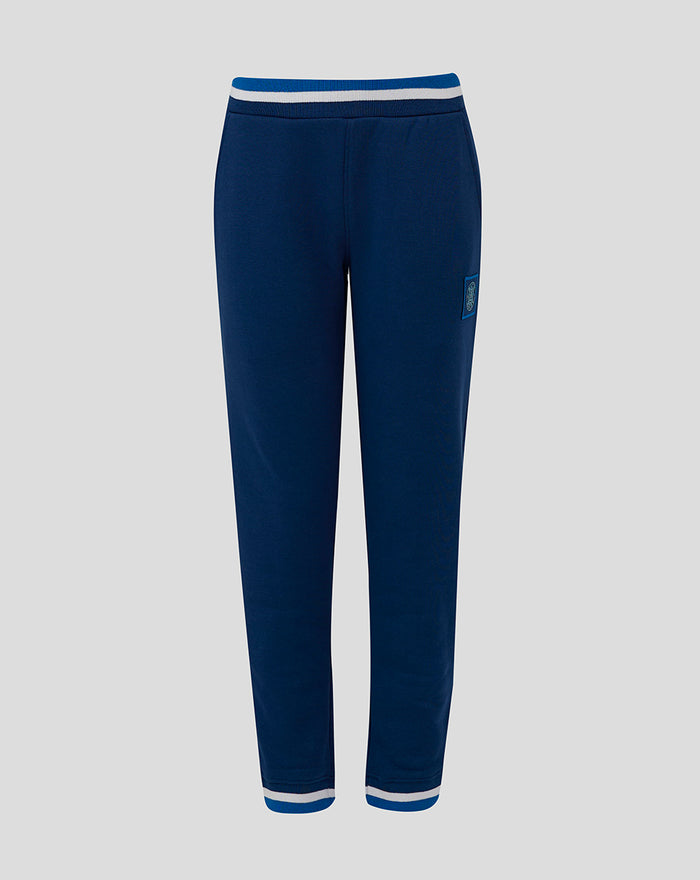 Front view of navy Junior 24/25 Classic Jogger with striped waistband and left thigh patch logo