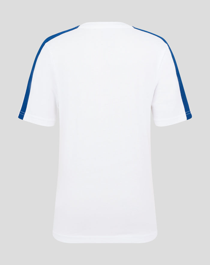 Rear view of white junior T shirt with blue piping along shoulders and sleeves