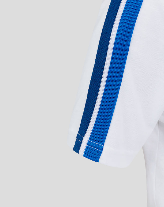 Close-up of white cotton T shirt with bold blue side stripe along the body.