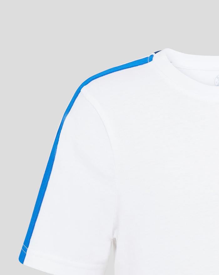 Shoulder area of white cotton T shirt with a prominent blue seam stripe.