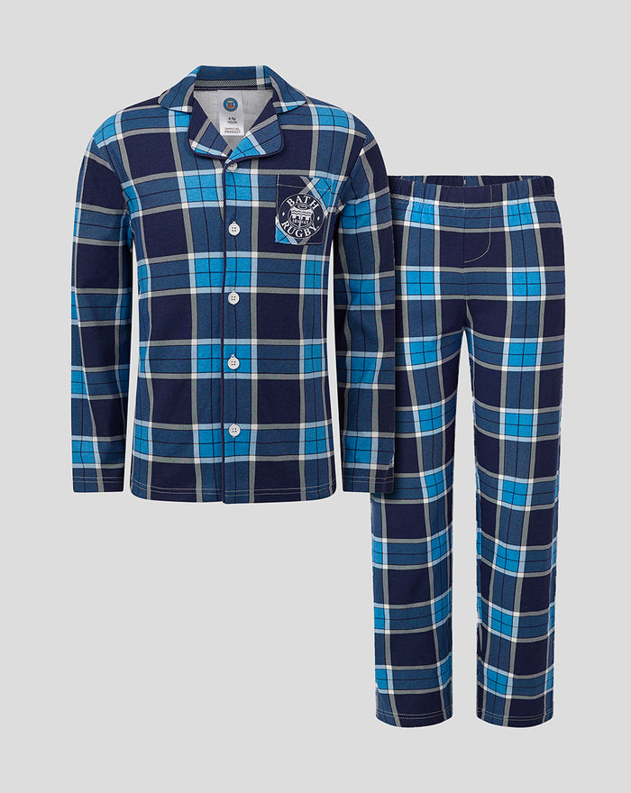 Infant Bath Rugby long pajama set in navy and light blue plaid with Bath Rugby crest on chest and left thigh