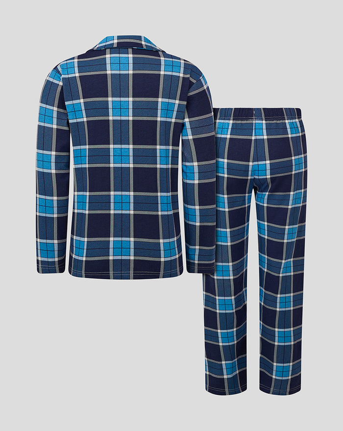 Back view of infant Bath Rugby long pajama set in navy blue and light blue plaid with matching shirt and pants
