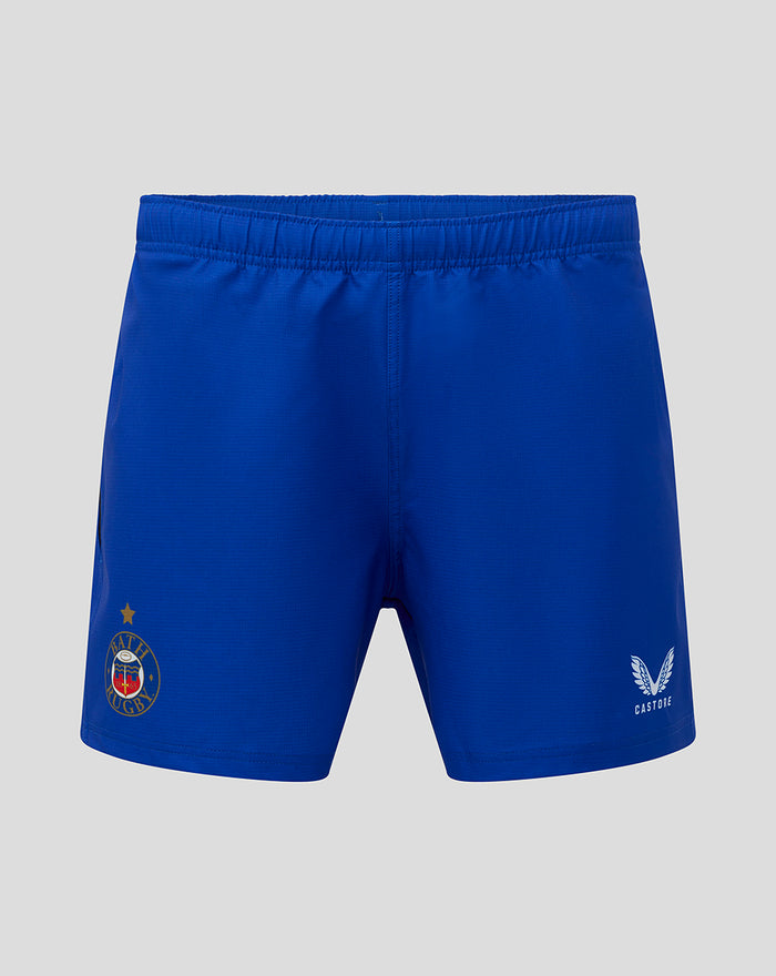 Royal blue Bath Rugby home shorts with elastic waistband, Bath Rugby crest on left leg and Castore logo on the right.