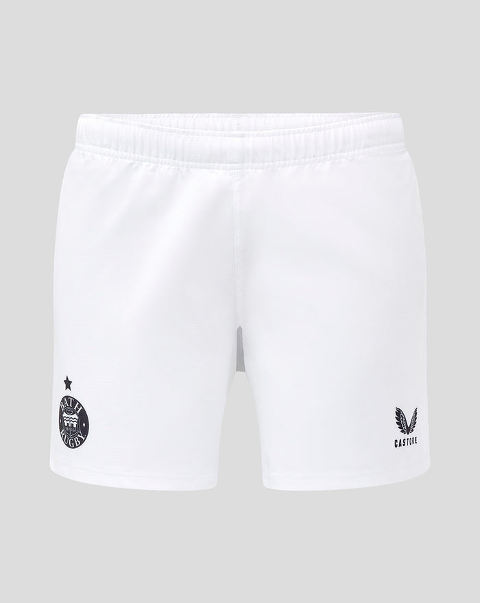 White Bath Rugby shorts with Bath Rugby crest on the left leg and Castore logo on the right leg