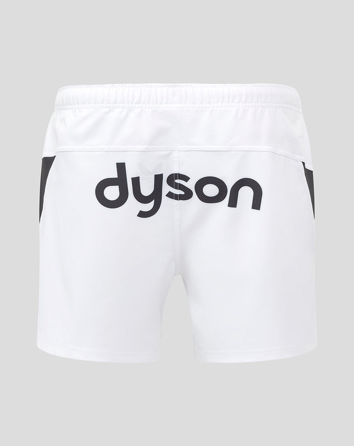 Back view of white Bath Rugby shorts with large Dyson logo across the rear