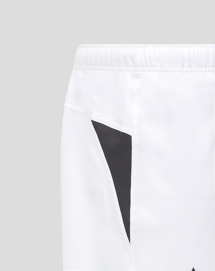 White men's away rugby shorts with a black diagonal side panel and elastic waistband.