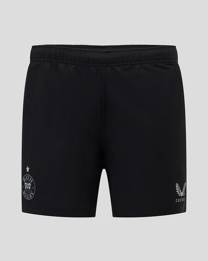 Back view of black Bath Rugby Pro Shorts with Bath Rugby crest on the left leg and Castore logo on the right leg