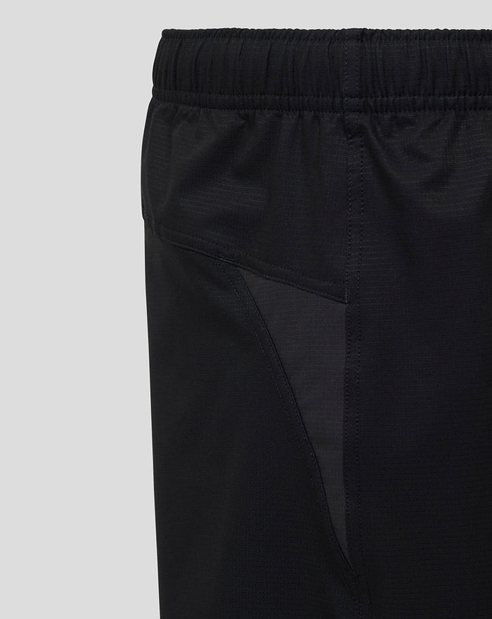 Back view of black Bath Rugby shorts showing elastic waistband and panel detailing.