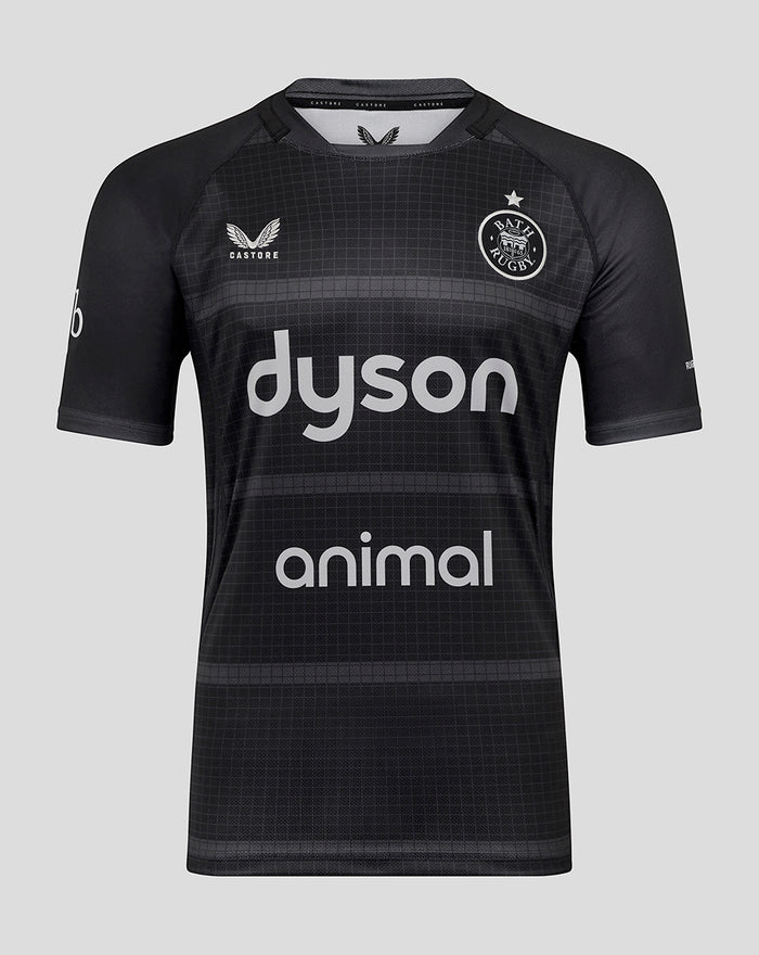 Mens 25/26 European replica Bath Rugby shirt in black with grid pattern and Dyson sponsor logo