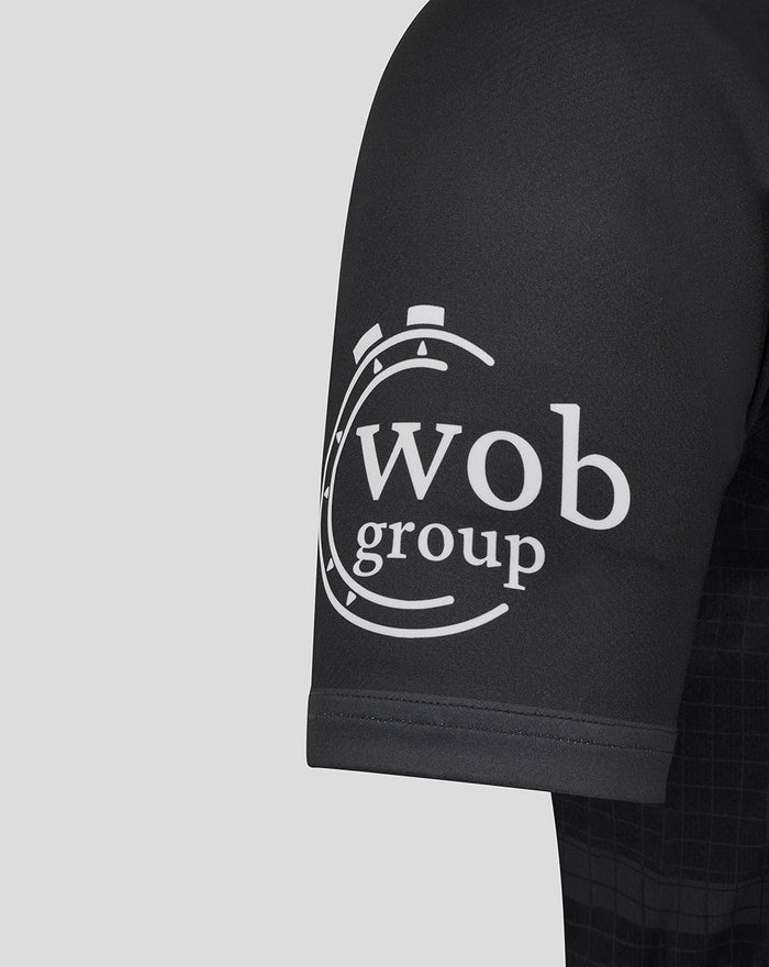Bath Rugby replica shirt sleeve with Wob group logo on black fabric