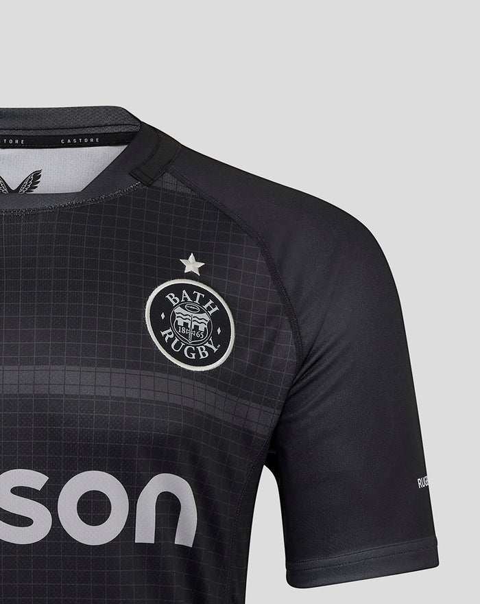 Bath Rugby replica shirt chest with club crest and grid pattern on dark jersey