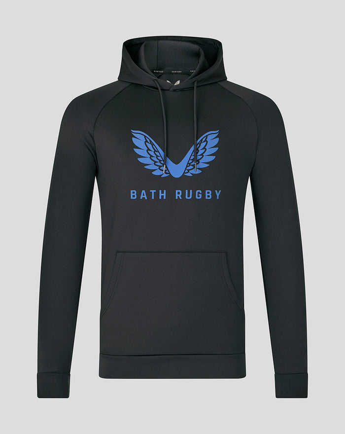 Junior black hoodie with blue wing emblem and Bath Rugby text on chest