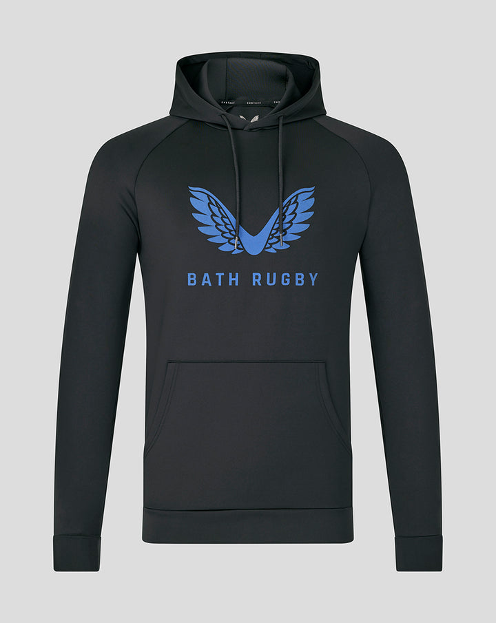 Front view of a black women's scuba logo hoodie with a blue wing emblem and front pocket.