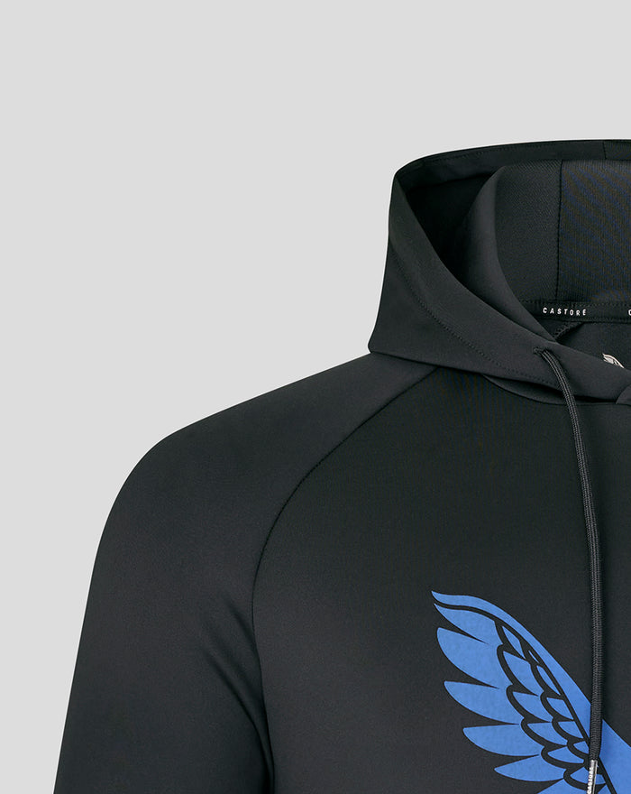 Black Junior 25/26 Presentation Scuba Logo Hoodie with blue wing on chest and a hood.