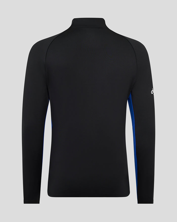 Back view of junior Bath Rugby training midlayer top in black with blue side panels.