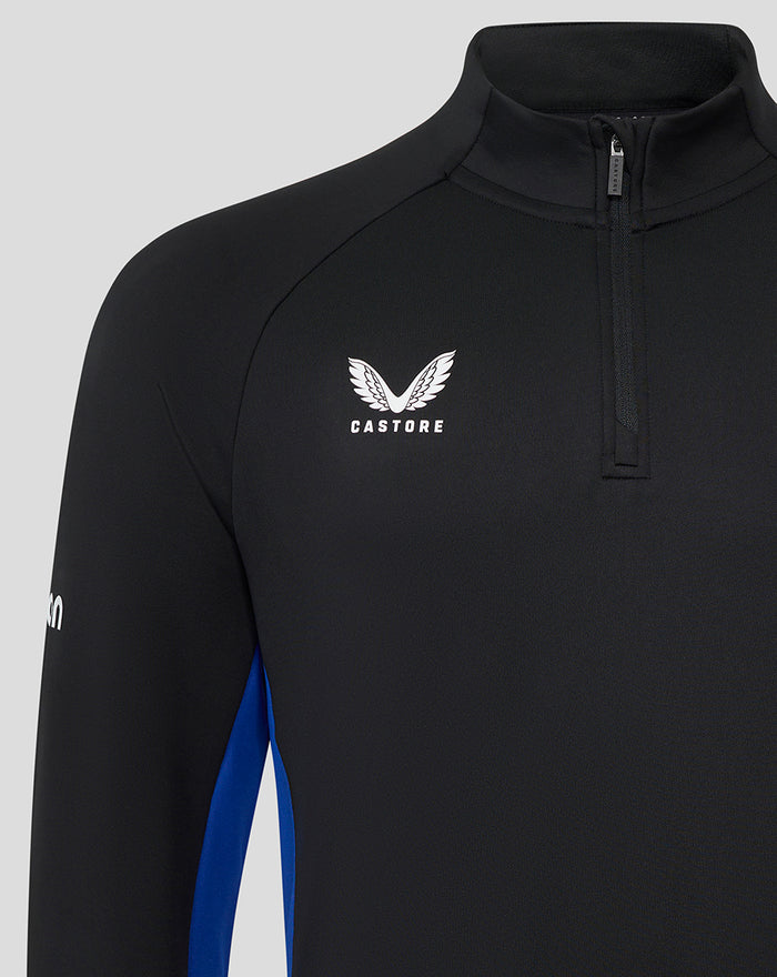 Close-up of black midlayer chest with zip collar and white Castore wing logo.