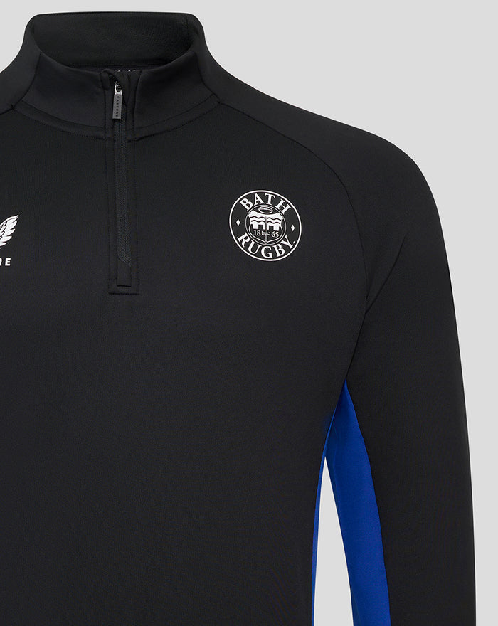 Bath Rugby junior quarter zip training midlayer in black with chest badge and blue side panel.