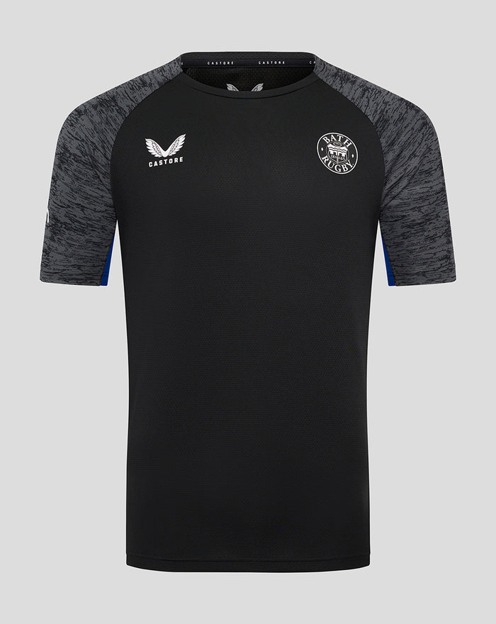 Front view of black Bath Rugby training short sleeve tee with grey marled sleeves and Bath Rugby crest.