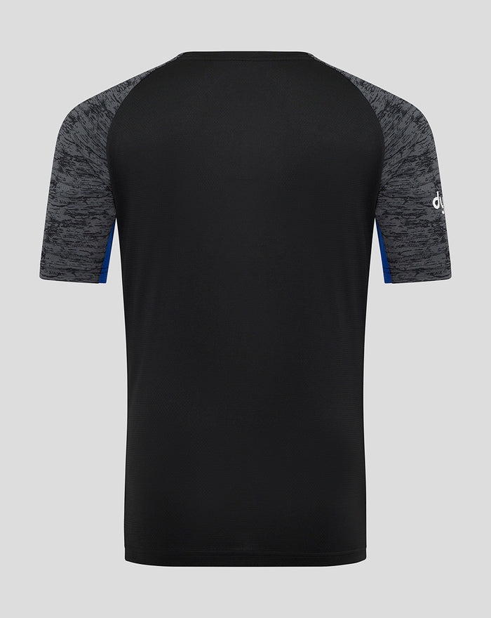 Back view of Bath Rugby training tee with black torso and grey marled sleeves plus blue trim at the sleeve edge.