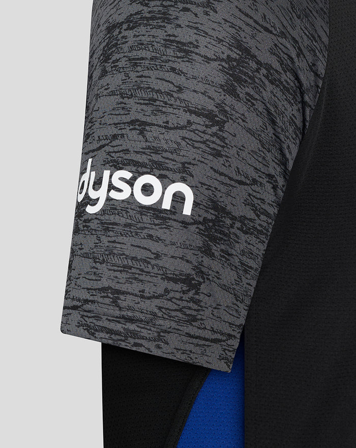 Close-up of the grey marled sleeve with Dyson branding on a Bath Rugby training tee.