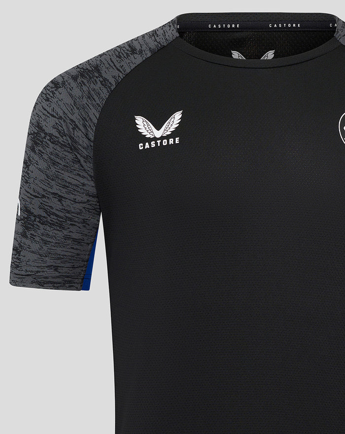 Bath Rugby training tee with black body and grey marled sleeves, featuring white Castore branding on the chest.