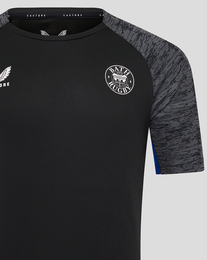 Close-up of neckline and shoulder of black Bath Rugby training short sleeve tee showing grey marled sleeves.
