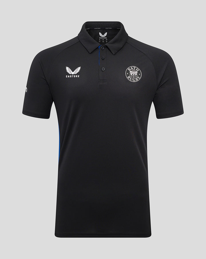 Women's Bath Rugby Poly Polo top in black with Bath Rugby crest on the left chest and Castore logo on the right.