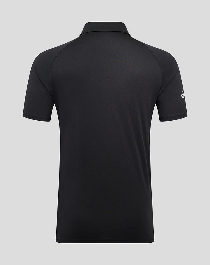 Back view of black Bath Rugby poly polo with short sleeves and Dyson logo on the sleeve.