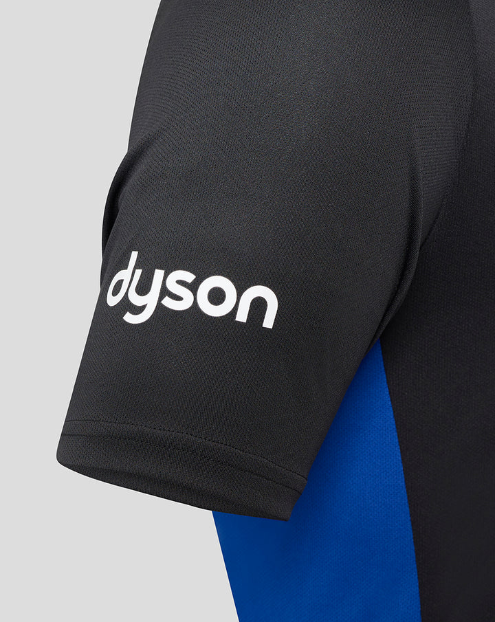 Side view of black Bath Rugby poly polo sleeve showing white Dyson logo and blue underlay panel.