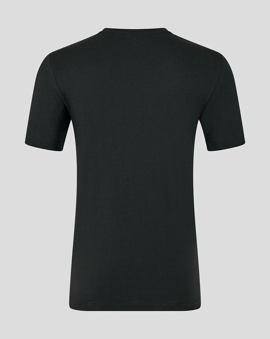 Back view of black womens presentation logo tee with no graphic visible.
