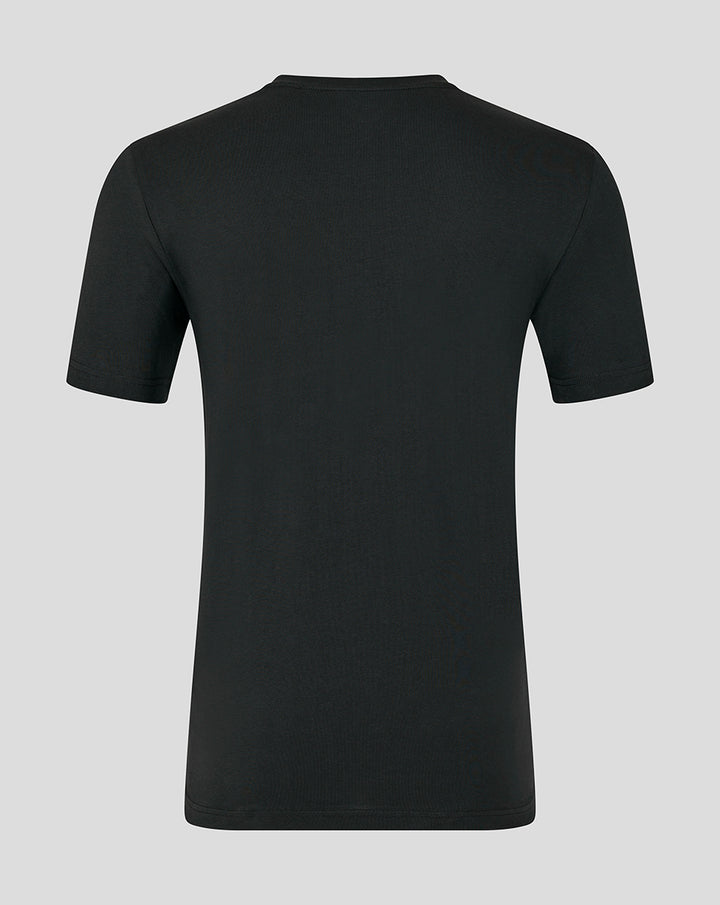 Back view of black womens presentation logo tee with no graphic visible.