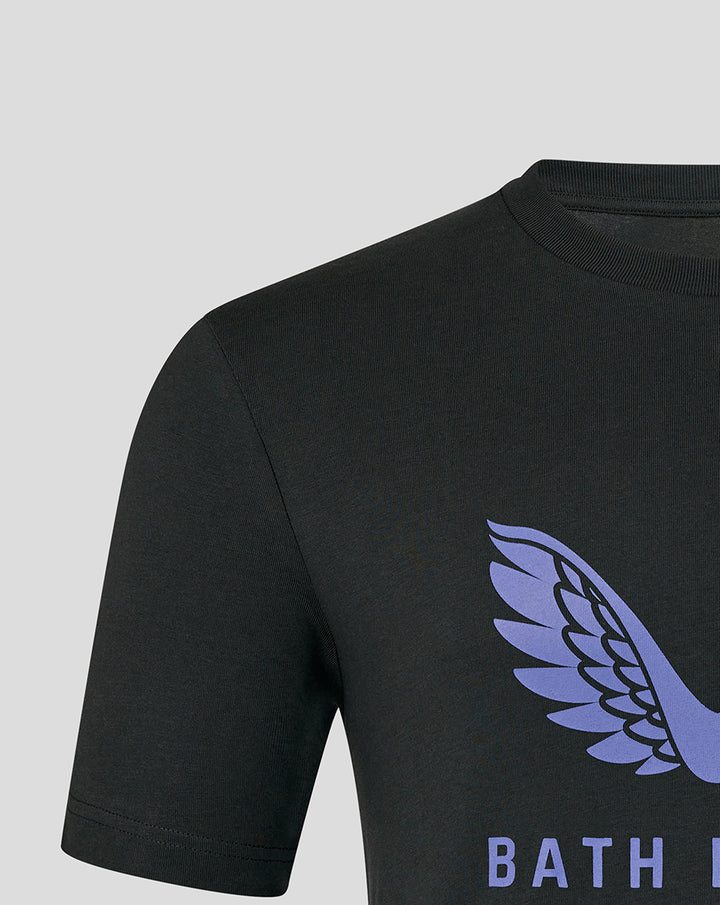 Black womens presentation logo tee with lavender wing emblem on the front.