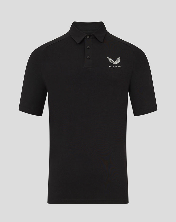 Black men's travel short sleeve polo shirt shown from the front with Bath Rugby logo on the chest.