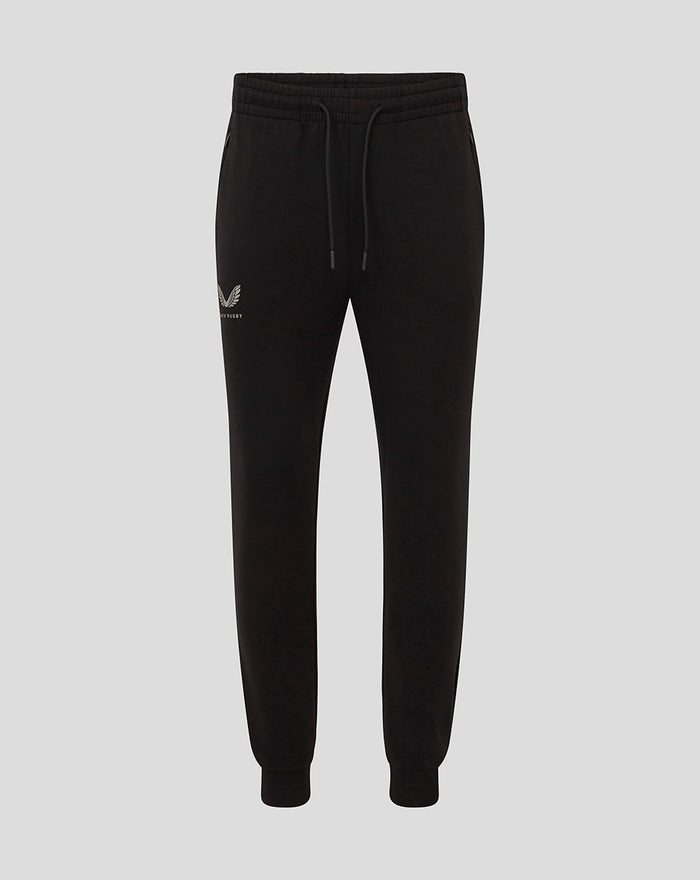 Black Bath Rugby travel knit pant with drawstring waist and side pockets.