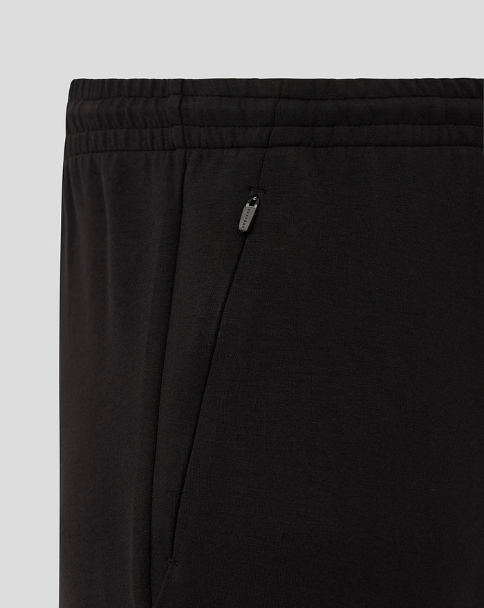 Detail of a zippered side pocket on black Bath Rugby travel knit pant with elastic waistband.