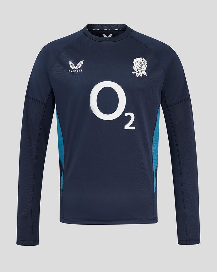 Front view of navy long sleeve rugby drill top with O2 center logo, rose crest left chest, Castore logo right chest and teal side panels.