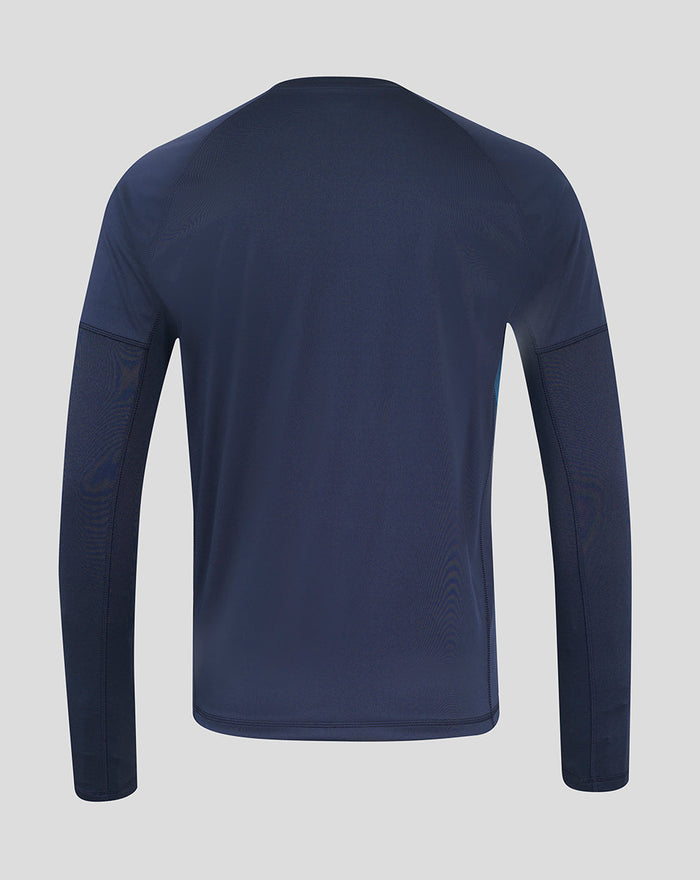 Back view of navy England Rugby drill top with clean back panel and visible raglan seam lines.